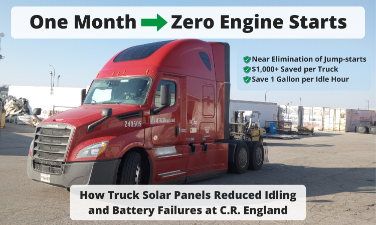 Red C.R. England semi-truck with solar panels on cab roof parked in lot. Overlay text highlights reduced engine starts, lower idling, and cost savings from truck solar panels.