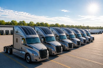 Row of silver semi-trucks with solar panels on cab roofs parked in lot outside warehouse, illustrating a fleet equipped with solar power systems.