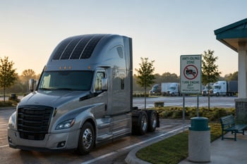 Silver semi-truck with roof solar panels parked near sign reading “Anti-Idling Zone – Turn Engine Off Except When Necessary” at a truck stop during sunrise.