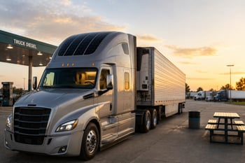 Silver semi-truck with solar panels on cab roof parked at truck diesel station at sunset, attached to refrigerated trailer, with picnic table and other trucks in background.