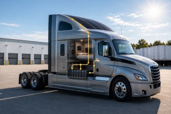 Cutaway diagram of semi-truck with fairing solar panels showing energy flow to battery bank and sleeper cab interior, illustrating power distribution from panels to onboard systems.