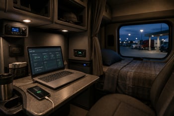 Sleeper cab interior at night with laptop displaying battery and system dashboard on desk, phone charging beside it, and bunk visible; parked trucks outside window at truck stop.