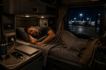 Truck driver sleeping in sleeper cab at night, lying under blanket with interior lights on. Phone and laptop charging beside bed; parked trucks visible through window.