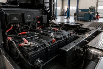 Close-up of truck battery bank and wiring with solar charge controller and display showing 12.8V, 100% charging, inside a service bay.