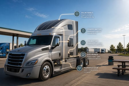 Silver semi-truck with solar panels on cab roof parked at rest area. Diagram labels show solar panels charging starter and APU batteries, powering sleeper cab electronics and telematics systems.