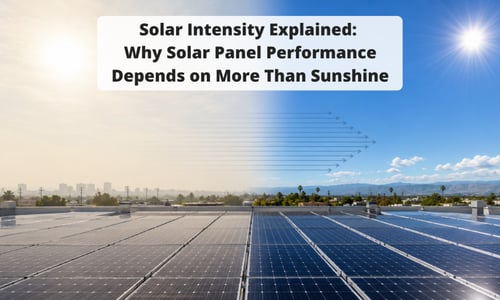 Blog Post graphic titled “Solar Intensity Explained.” Rooftop solar panels beneath a split sky showing hazy, low-intensity conditions on the left and clear, high-intensity sunlight on the right.