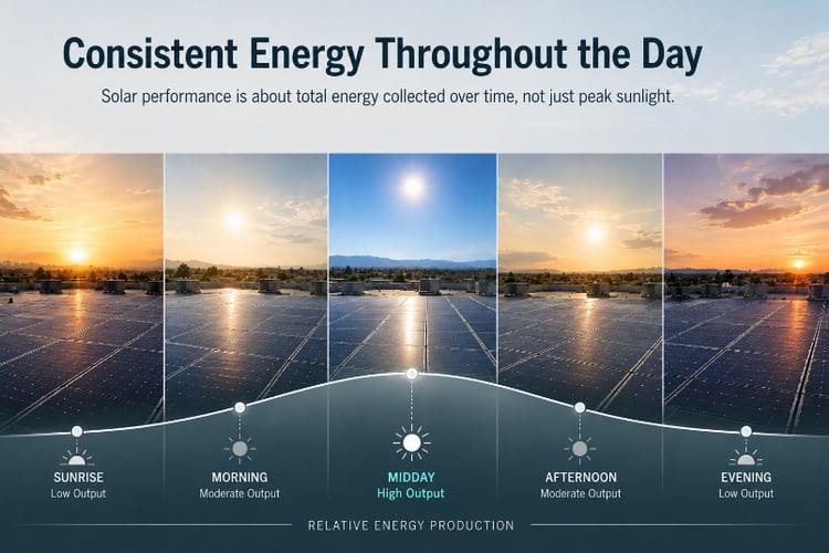 Infographic titled “Consistent Energy Throughout the Day” showing solar panels from sunrise to evening. Relative energy production rises from low at sunrise, peaks at midday, then declines through afternoon and evening.