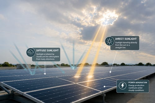 Infographic showing solar panels under cloudy skies with labels for direct and diffuse sunlight. It explains that panels generate power from both direct sun rays and scattered light during cloudy conditions.