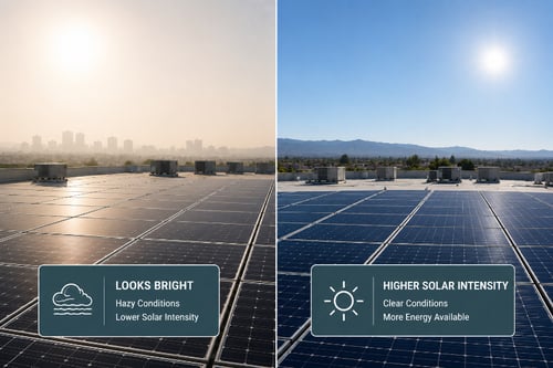 Side-by-side comparison of rooftop solar panels under hazy and clear skies. The infographic shows hazy conditions can appear bright but provide lower solar intensity, while clear conditions deliver higher solar intensity and more energy.