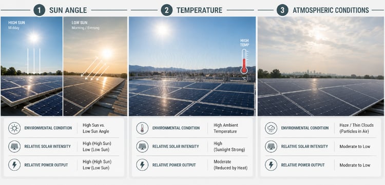 Infographic showing three factors affecting solar panel performance: sun angle, temperature, and atmospheric conditions. Panels produce more energy with a high sun angle, less in heat, haze, or thin clouds.