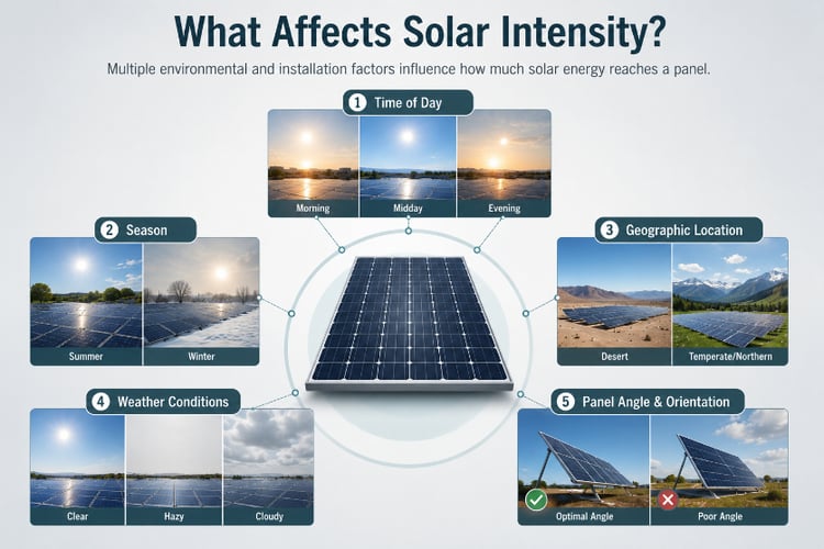 Infographic titled “What Affects Solar Intensity?” showing a solar panel surrounded by key factors: time of day, season, geographic location, weather conditions, and panel angle and orientation.
