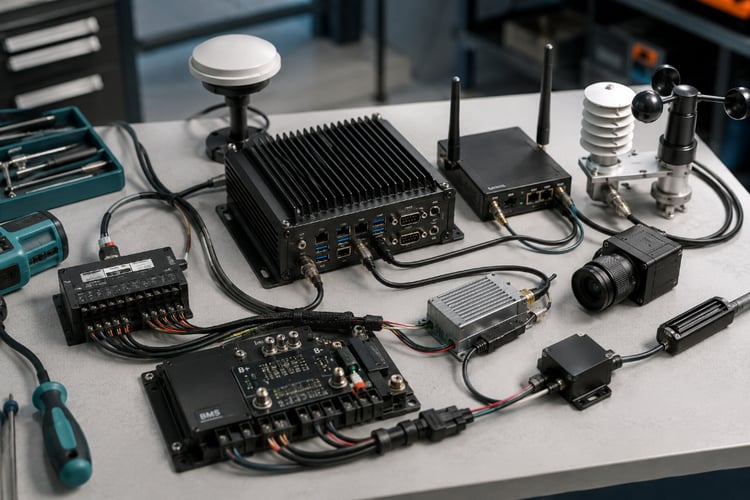 Agriculture electronics and systems laid out on a table