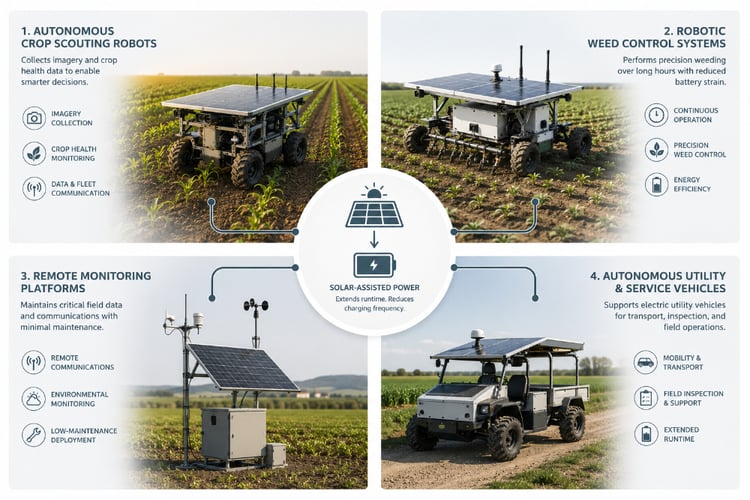 Infographic showcasing four numbered use cases for agricultural robots: 1. Autonomous Crop Scouting, 2. Robotic Weed Control Systems, 3. Remote Monitoring Platforms, and 4. Autonomous Utility & Service Vehicles.