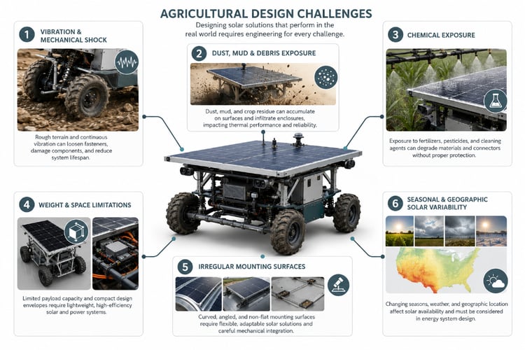Infographic highlighting 6 agricultural design challenges surrounding a central robot diagram: 1. Vibration & Shock, 2. Dust, Mud & Debris, 3. Chemical Exposure, 4. Weight & Space, 5. Irregular Surfaces, 6. Solar Variability.