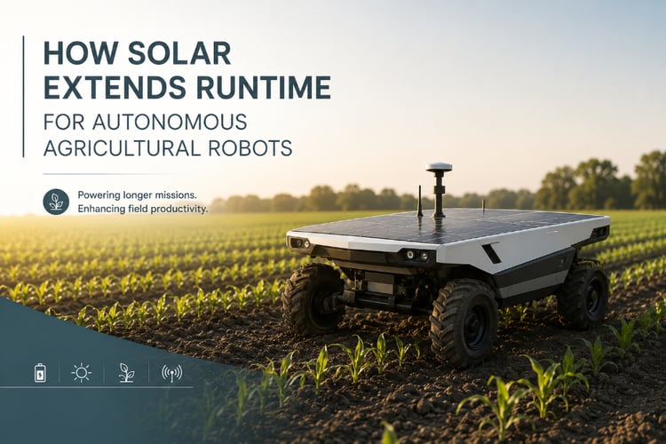 Graphic of a wheeled agricultural robot with a flat-mounted solar panel driving in a crop field. Text on left: "HOW SOLAR EXTENDS RUNTIME FOR AUTONOMOUS AGRICULTURAL ROBOTS" with subtitle: "Powering longer missions. Enhancing field productivity."