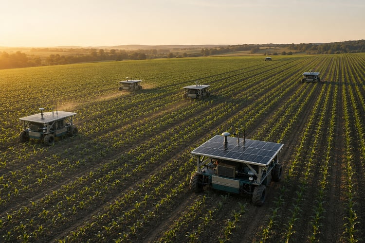 Wide shot of a flat, solar-paneled autonomous agricultural robot driving between perfectly straight rows of crops in a vast, sunlit green field under a clear blue sky.