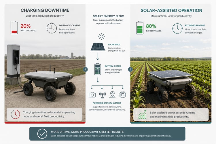 An infographic compares "Charging Downtime" (robot at a charging station, 20% battery) with "Solar-Assisted Operation" (robot in a sunny crop field, 80% battery). A central diagram illustrates smart energy flow from solar to battery.