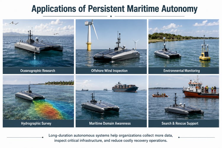 Infographic showing six applications for autonomous solar-powered maritime vessels: oceanographic research, offshore wind inspection, environmental monitoring, hydrographic survey, domain awareness, and search support.