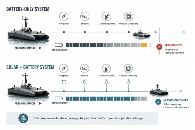 Infographic comparing battery-only and solar-plus-battery autonomous maritime systems, showing solar harvesting maintains battery levels, extends mission duration, and avoids recovery for recharging.