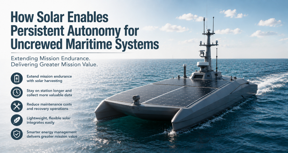 Blog Post title graphic explaining how solar power extends autonomous maritime missions, highlighting longer endurance, more data collection, lower maintenance, lightweight integration, and smarter energy management.