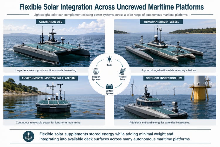 Infographic showing flexible solar integration across autonomous maritime platforms, including catamaran, trimaran, monitoring, and inspection vessels, to extend missions with minimal added weight.