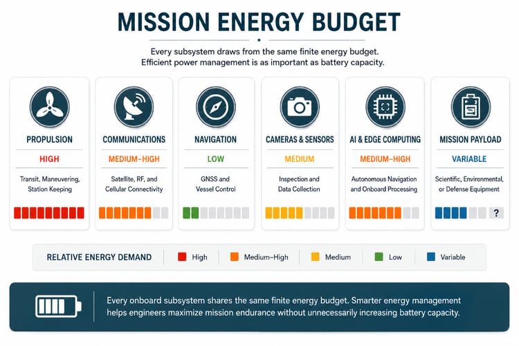 Infographic showing the energy demands of autonomous maritime subsystems, comparing propulsion, communications, navigation, sensors, AI computing, and payload to emphasize efficient mission power management.