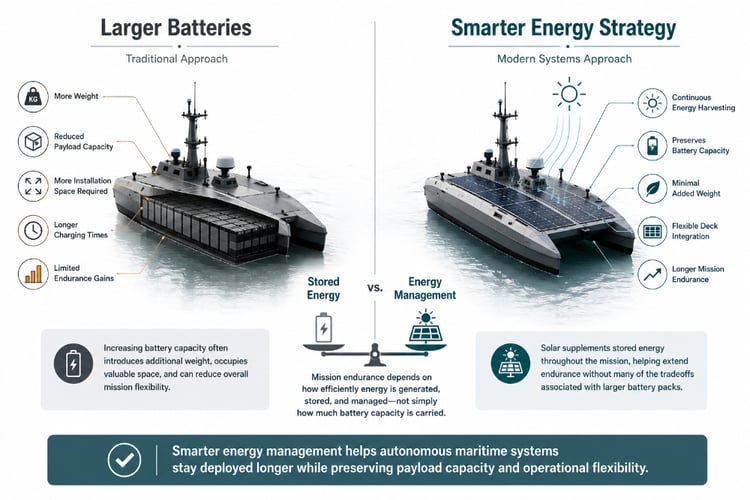 Infographic comparing larger batteries with solar-assisted energy management, showing solar harvesting extends mission endurance while reducing weight, preserving payload capacity, and improving efficiency.