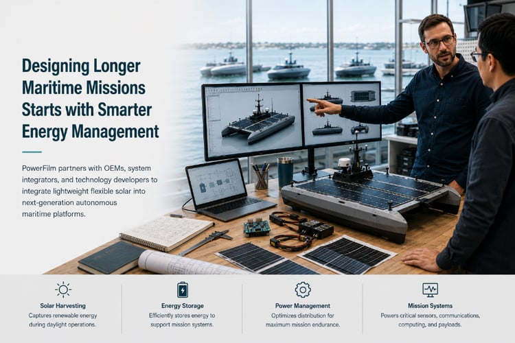 Infographic of engineers reviewing a solar-powered autonomous maritime vessel prototype, highlighting solar harvesting, energy storage, power management, and mission systems for longer deployments.