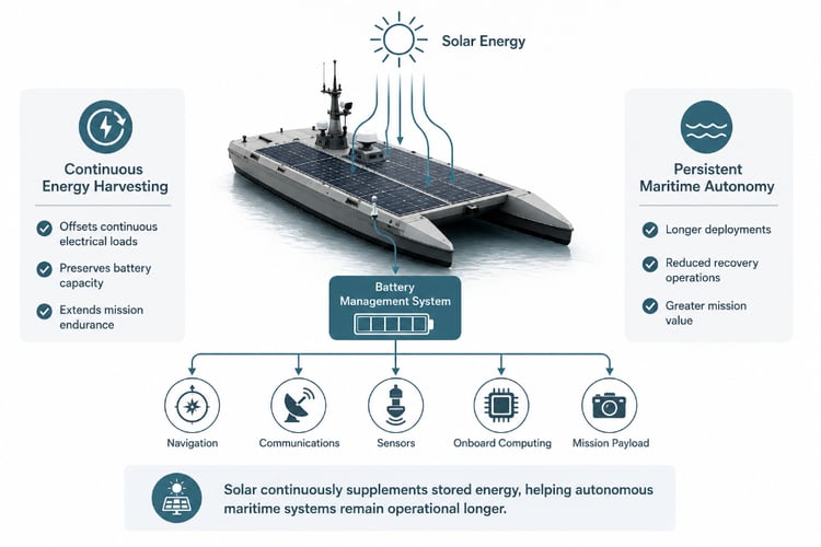 Infographic showing solar energy powering an autonomous maritime vessel through a battery management system that supports navigation, communications, sensors, computing, and payload for longer missions.