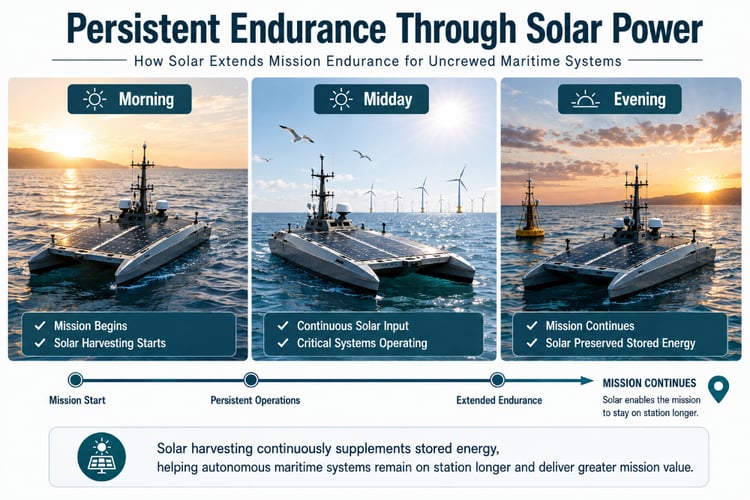 Infographic showing a solar-powered autonomous maritime vessel from morning to evening, illustrating continuous solar harvesting that extends mission endurance and keeps critical systems operating longer.