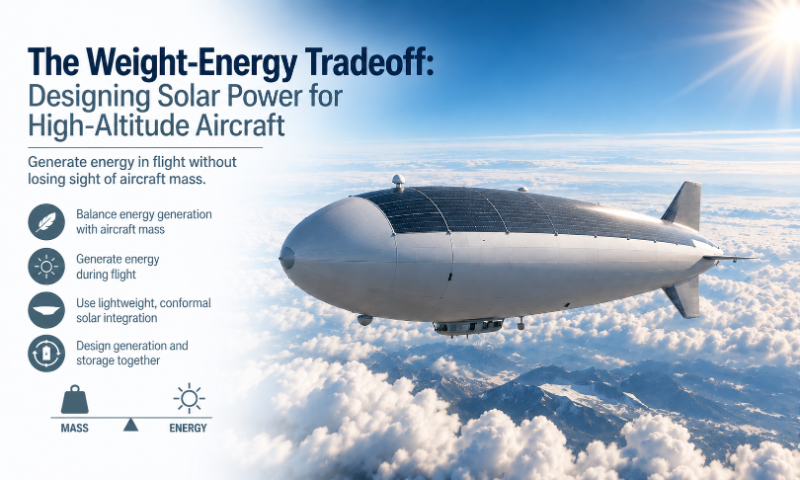 Solar-powered high-altitude aircraft flying above clouds and mountains, with text explaining the weight-energy tradeoff and lightweight solar integration.