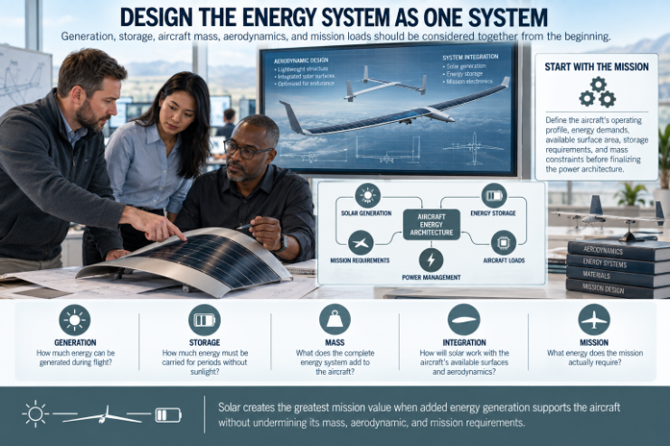 Engineers examine a curved solar panel beside diagrams showing an integrated aircraft energy system linking solar generation, storage, mission needs, loads, and power management.