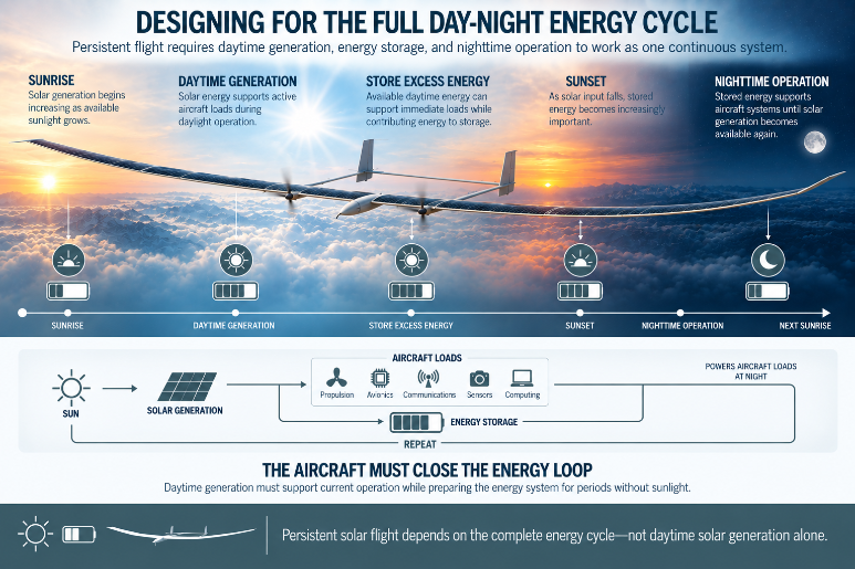 Solar aircraft diagram showing a full day-night energy cycle: daytime solar generation powers flight and charges batteries, which sustain aircraft loads overnight until sunrise.