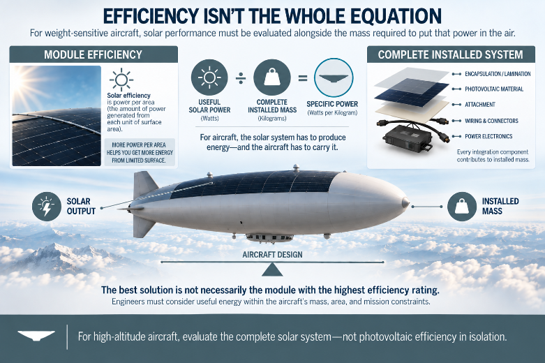 Infographic showing a solar aircraft balancing useful solar power against total installed system mass, emphasizing power-to-weight over photovoltaic module efficiency alone.