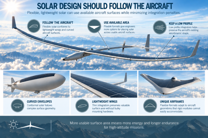 Solar aircraft infographic showing flexible, lightweight panels conforming to wings and curved airframes, emphasizing available surface area, low profile, and aerodynamic integration.
