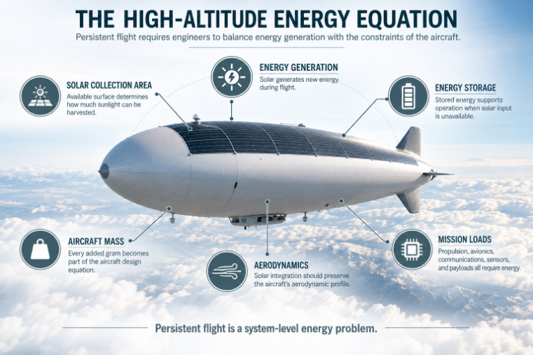 Solar high-altitude aircraft infographic linking collection area, energy generation, and storage with aircraft mass, aerodynamics, and mission loads for persistent flight.