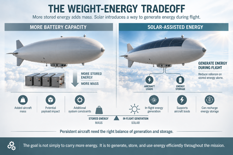 Comparison of a high-altitude aircraft using heavy battery storage versus solar-assisted energy, showing how in-flight solar generation can reduce stored-energy mass.