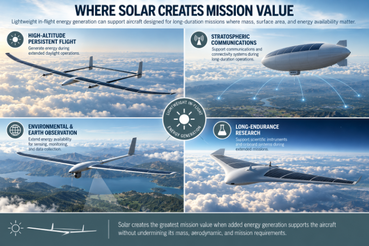 Four solar aircraft mission uses: persistent high-altitude flight, stratospheric communications, environmental observation, and long-endurance research.