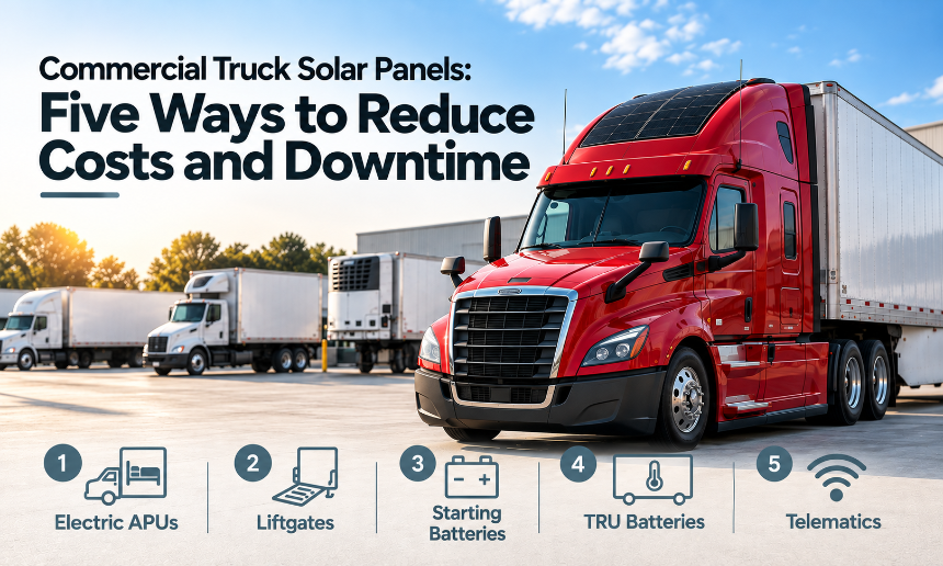 Red semi-truck with rooftop solar panels in a truck lot. Headline: 