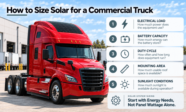 Red commercial truck with rooftop solar panels. Infographic lists five solar sizing factors: electrical load, battery capacity, duty cycle, mounting area, and sunlight conditions.