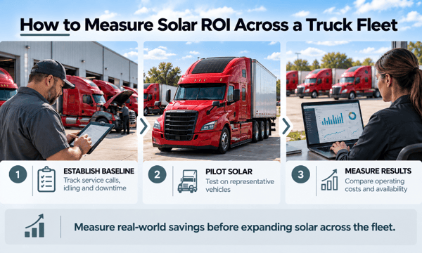 Infographic on measuring solar ROI across a truck fleet: establish baseline costs, pilot solar on representative trucks, and measure operating savings and vehicle availability before expanding.