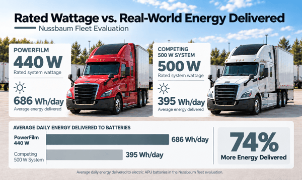 Infographic comparing truck solar systems: PowerFilm 440 W delivers 686 Wh/day versus 395 Wh/day from a competing 500 W system, providing 74% more energy in a Nussbaum fleet evaluation.