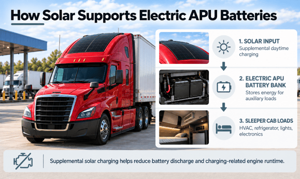 Infographic showing a red truck with rooftop solar panels charging an electric APU battery bank that powers sleeper cab HVAC, refrigeration, lights, and electronics while reducing engine runtime.