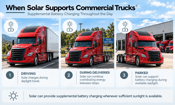 Infographic showing three red commercial trucks with rooftop solar panels providing supplemental battery charging while driving, during deliveries, and when parked in daylight.