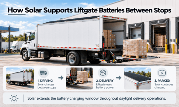 Infographic showing a white delivery truck with rooftop solar panels and a loaded liftgate. Solar charges batteries while driving and parked, supporting liftgate operation between stops.