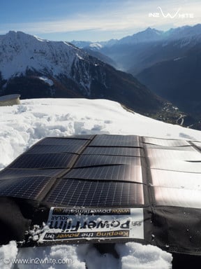 Foldable Solar Panel deployed on the snow on Mont Blanc