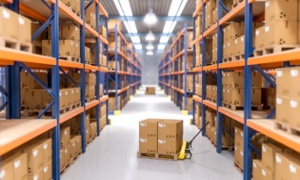 Warehouse aisle lined with boxes and pallet jacks
