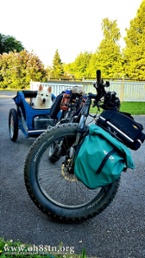 White dog in a wheeled cart connected to an eBike