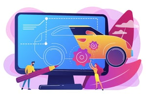 Animated concept of a man and woman designing a new car as it drives off of a computer monitor