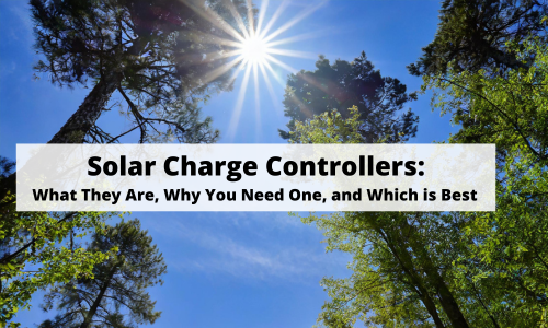 Sun in the blue sky and light through tall trees with "Solar Charge Controllers" blog post black text on a semi-transparent white background